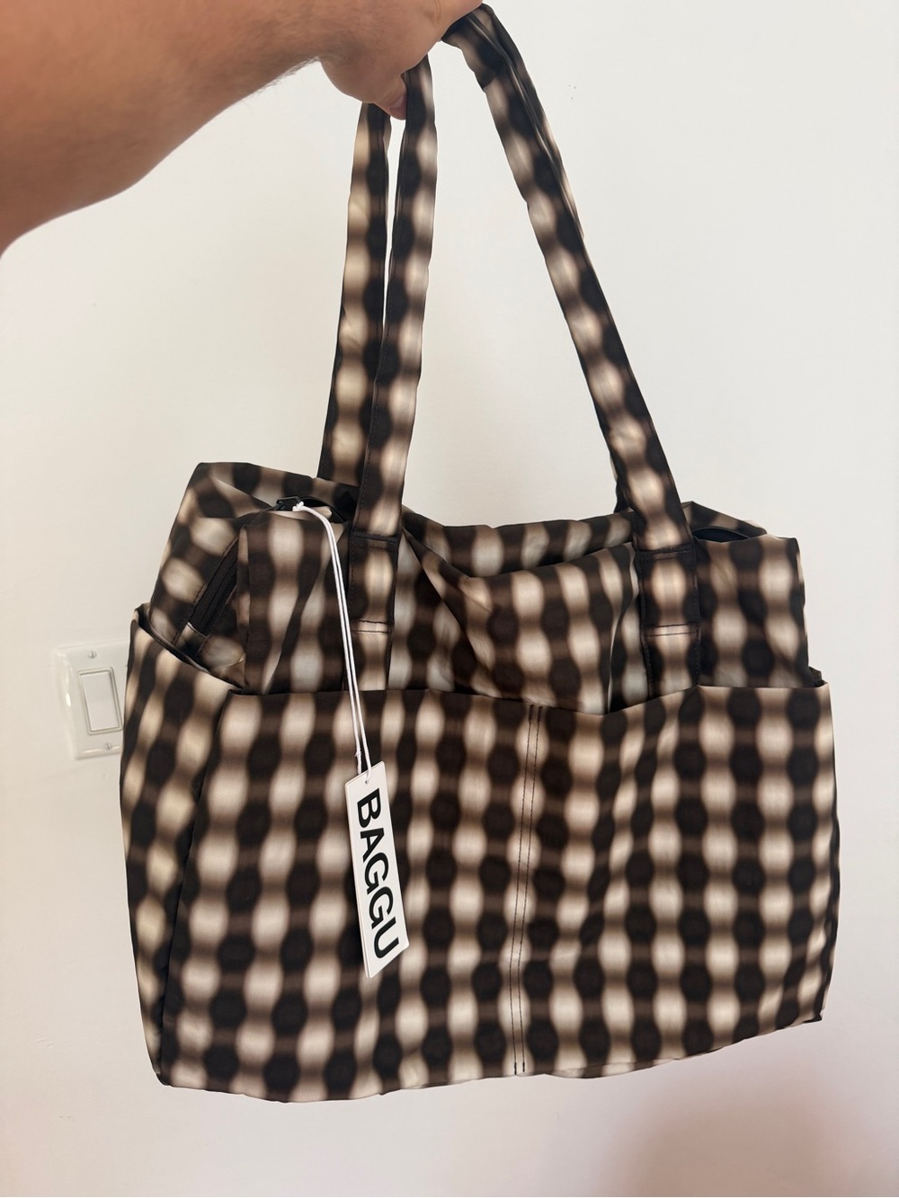 NWT BAGGU Cloud Carry-On Blurred Gingham Brown Travel Weekender Bag